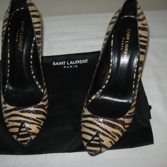SAINT LAURENT Paris Zebra Striped Peep Toe Heels - Picture 3 of 8